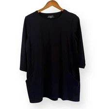 EILEEN FISHER Top Womens PM Organic Cotton Jersey Tunic Pocket 3/4 Sleeve Black