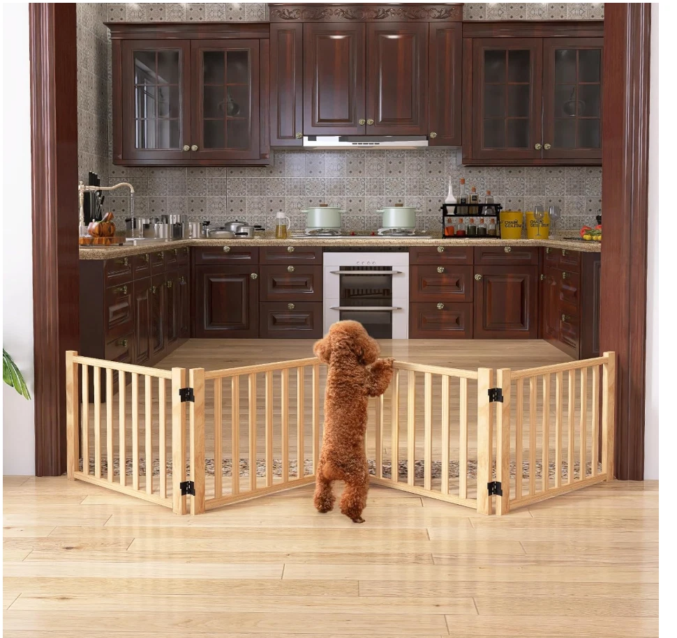 Wooden Freestanding Dog Gate for Home, 4 Panel H:16.9", 91.7"L