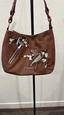 Stone Mountain Brown Leather Bag With Bird Embroidery 