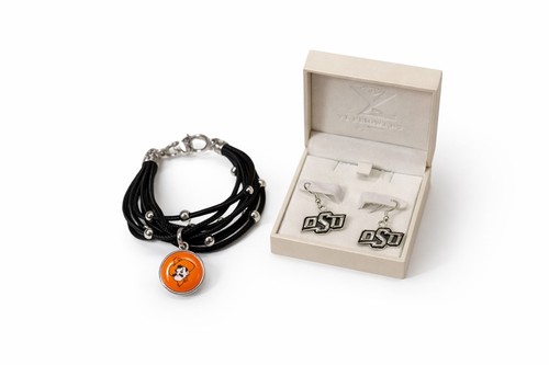 Oklahoma State University Cowboys Jewelry Set Bracelet/Earrings OSU Silver-Tone
