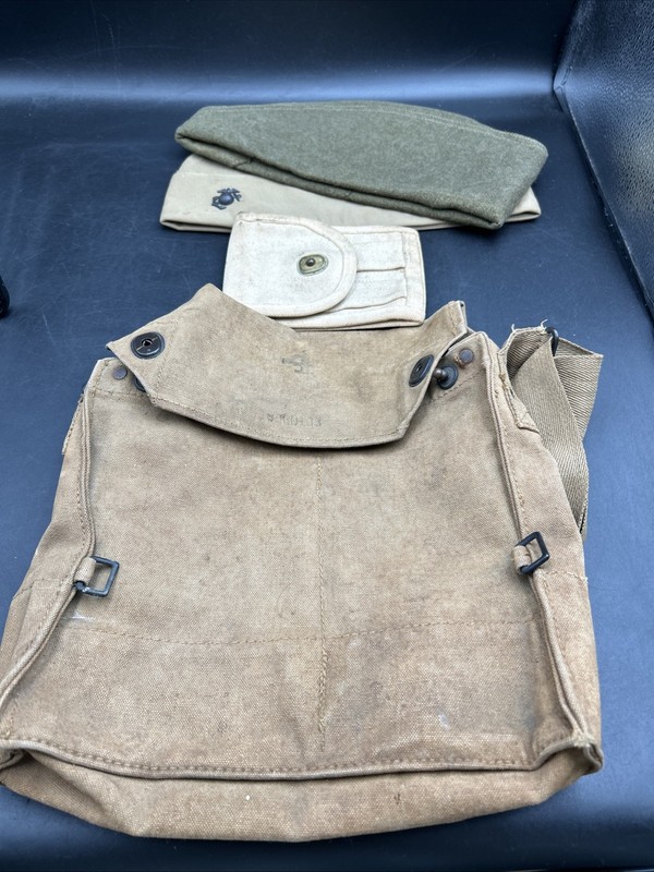 Antique WWI/WW1 US Army Lot Canvas Satchel Bag, 2 Hats, & Mag Pouch -EL