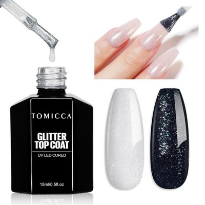 TOMICCA Glitter Top Coat Gel UV, 15ML No Wipe Top Coat Glitter Gel Nail Polish..