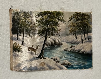 Vintage Embroidered Silk Landscape Hand Stitch Raised 3D Deer Stream Snow Serene