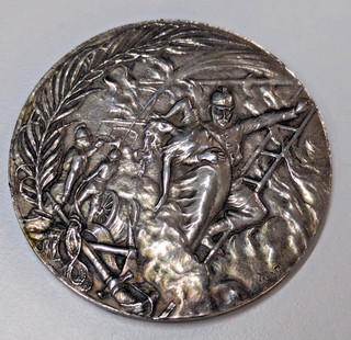 1908 NANTEUIL LES MEAUX FIREMEN MEDAL SILVER PLATED BRONZE MONIER FRANCE RESCUE