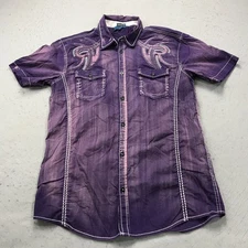 Roar Shirt Mens Medium Purple Embroidered Faded Distress Logo Cotton Button Y2K