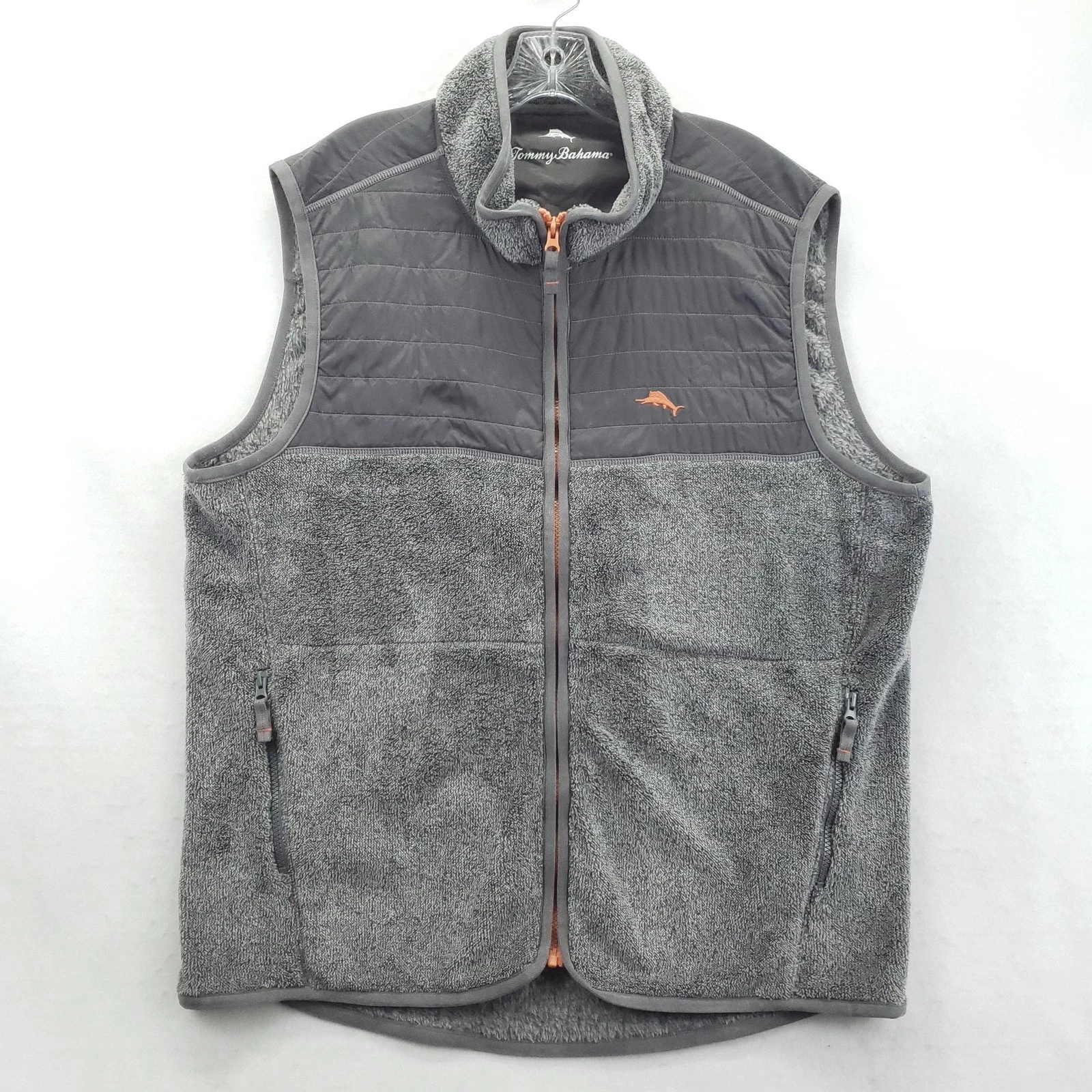 Tommy Bahama Vest Mens Large Charcoal Gray Sherpa Fleece Quilted Full Zip Marlin