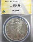 1992 $1 AMERICAN SILVER EAGLE ANACS MS67 Uncirculated US Mint Dollar Bullion