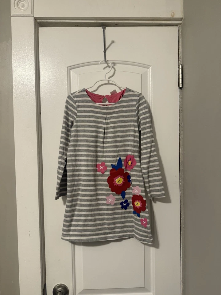 Girls Gymboree Dress Sz Medium 7-8Y, Gray & White Striped Long sleeve w/Flowers - Image 4 of 4