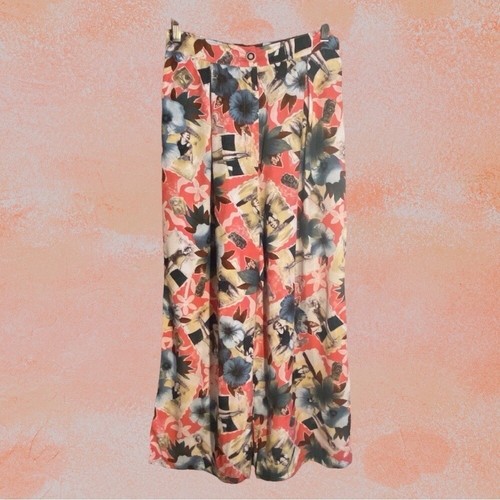 Vintage Y2K 90s Tropical Pin-up Floral Print Rayon Pleated Wide Leg Pants Size M