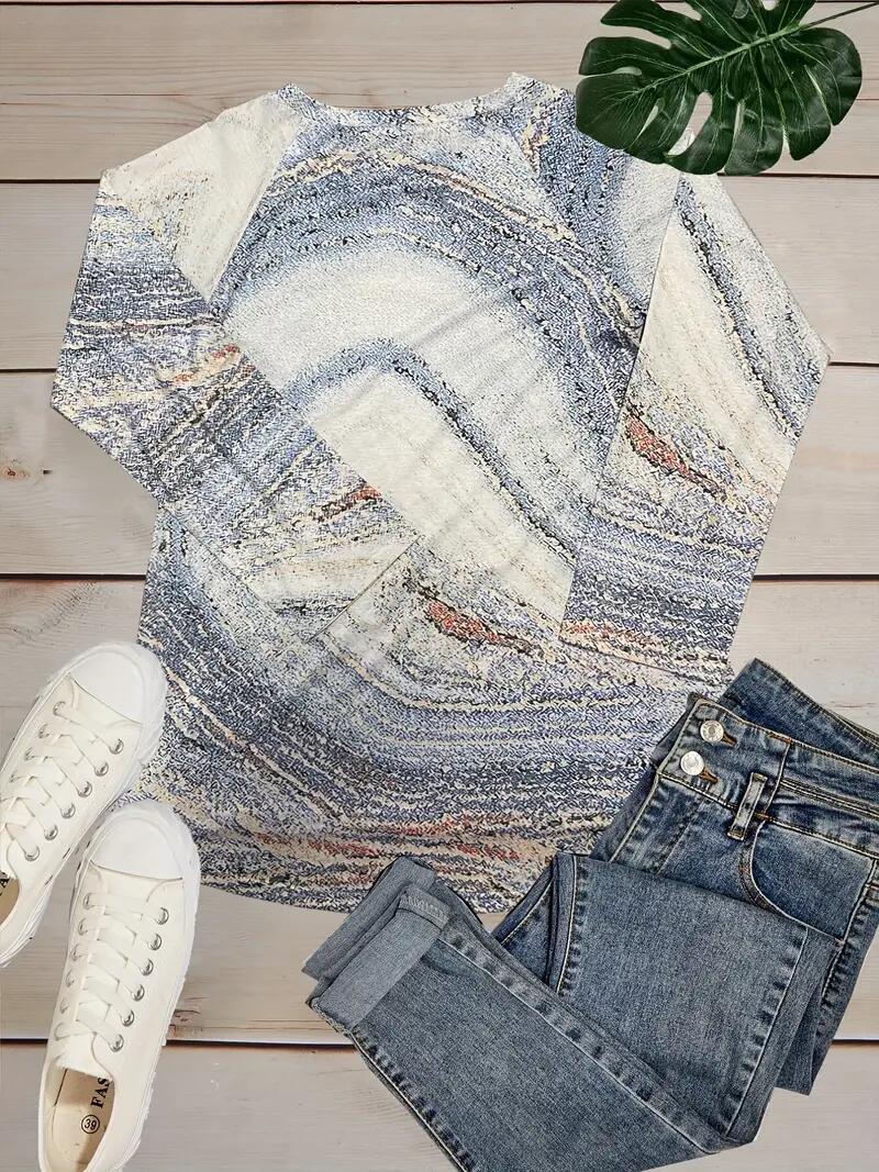 Fashion Women Marble Print Crew Neck Long T-Shirt Casual