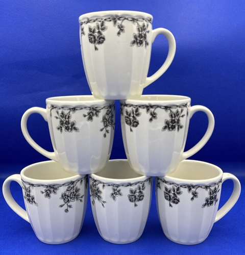 Elegant Set of 6 Waverly Garden Room Coffee Mugs - Timeless Black Floral & Vine - Picture 3 of 9