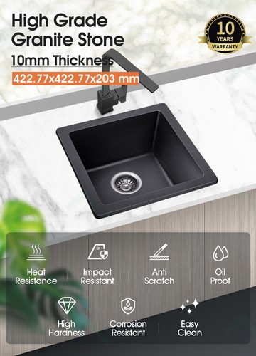 42x42cm Kitchen Sink Basin Granite Stone Sink Bathroom Laundry Single Bowl Black - Picture 2 of 12