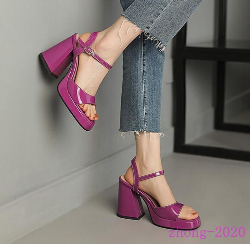 Womens Faux Leather Buckle Strap Open Toe Block Heels