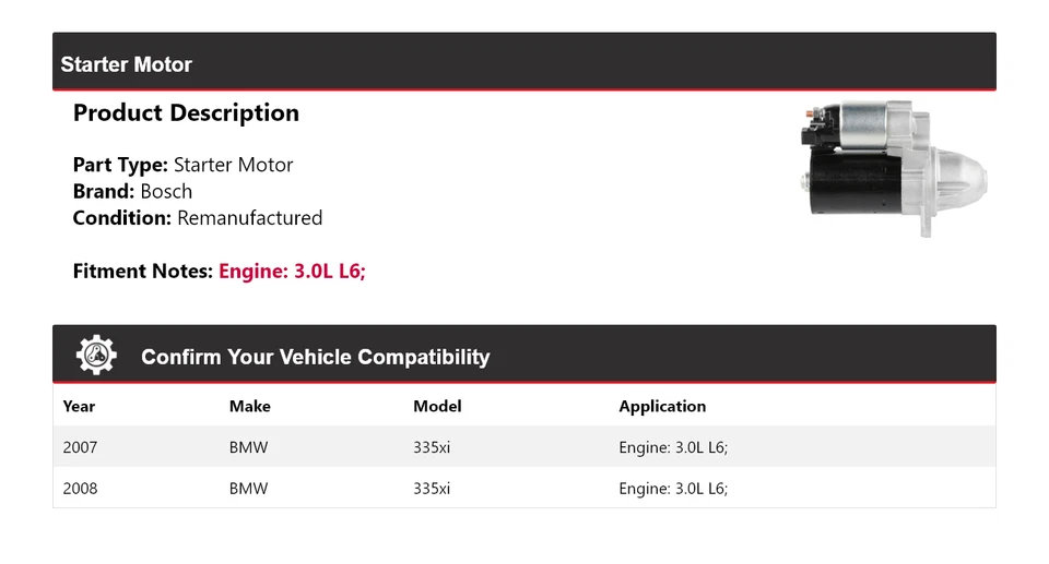 Arranque Bosch para BMW 335xi 2007-2008 3,0 L L6 (remanufacturado) Foto 2 de 4