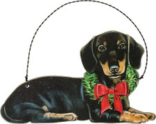 Dachshund dog Holiday Christmas ornament wooden 5" x 3" wreath