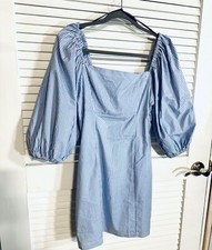 Forever 21 Blue Gingham Dorothy Dress Size M Poof Sleeves Mini Women EUC