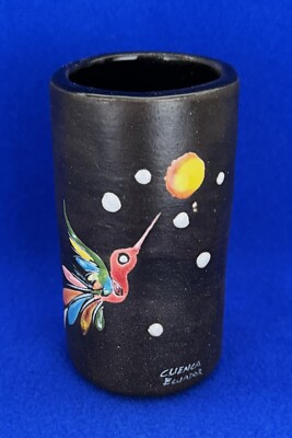 Small Dark Brown Pottery Vase with Multi-color Bird & Sun from Cuenca Ecuador