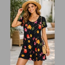 Vintage Black Floral Blooms Shift Mini Dress Evening Party 90s Datenight USA