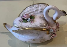 Lefton China Vintage 1950's Pink Swan Floral Trinket Dish with Lid Hand Painted 