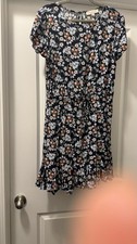 LOFT Navy Floral Dress Size Large Ruffle Bottom Drawstring Waist.