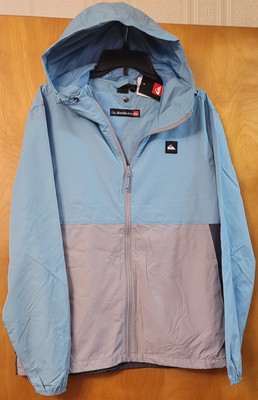 Quicksilver NWT Hooded Light Rain Jacket Size L Blue/Gray Packable Hood Pockets