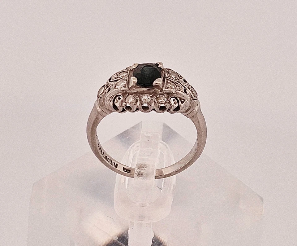 Anillo paladio art deco aprox. 0,70 quilates tw zafiro genuino y diamantes talla 4,25 Foto 2 de 4