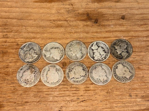5  Mercury 5 barber Silver Dimes 90% Silver $1.00 Face Value Junk Silver Lot C