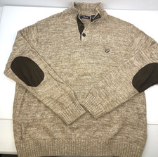 Chaps Sweater Brown/Beige Pullover Mock Neck 1/4 Buttons Elbow Patch Size 2XL