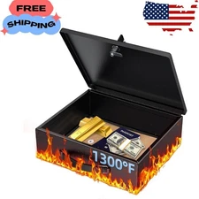 Fireproof Document Box with Key Lock & Handle, 13" X 10.9" X 4.1", Large Lock Bo