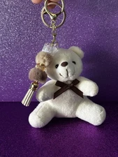 Teddy Bear Plush Keychain With Beads, Pompom And Tassel. Bag Charm. Handmade