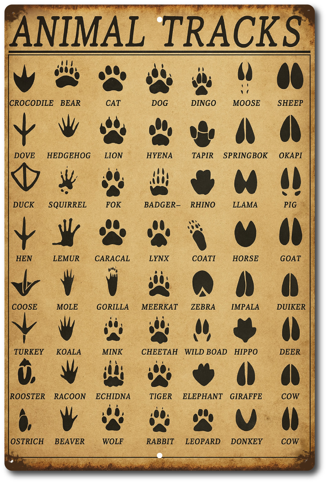 Animal Tracks Sign 8x12 Aluminum Vintage Rustic Wall Decor Wildlife Footprints