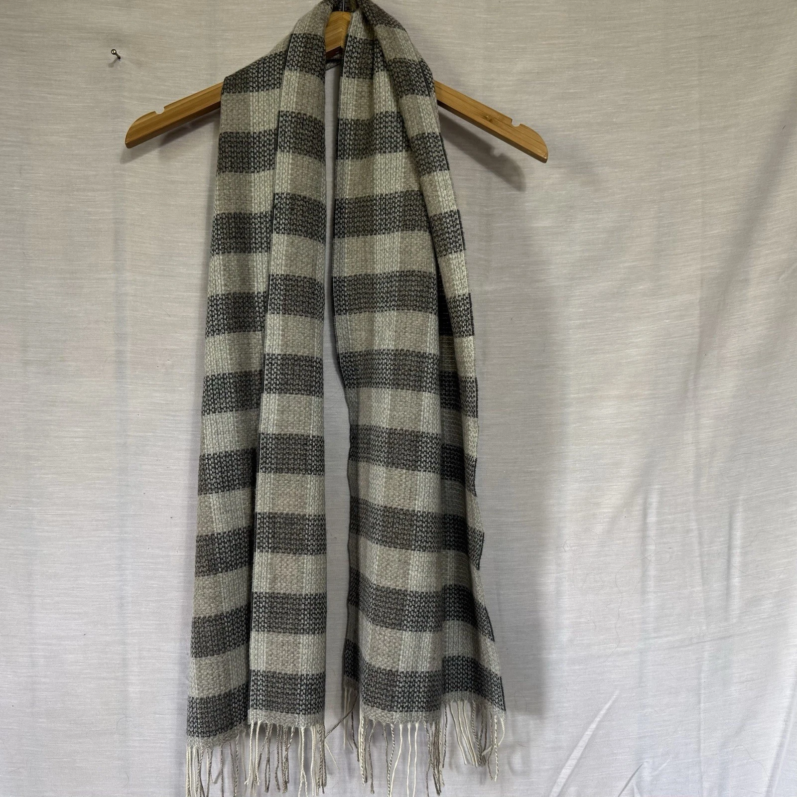 Ermenegildo Zegna Wool Cashmere Scarf Gray Check Fringe Made In Italy 66x14