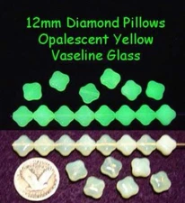 10 PCs - 12mm Pillows Czech OPALESCENT Yellow VASELINE/URANIUM GLASS BEADS