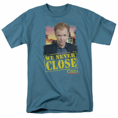 CSI Miami Never Close T Shirt Mens Licensed Classic Merch Horatio Caine Slate