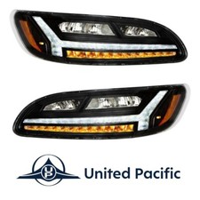 Pair Blackout 6 LED Headlights w/ White Light Bar For 2006-2016 Peterbilt 386