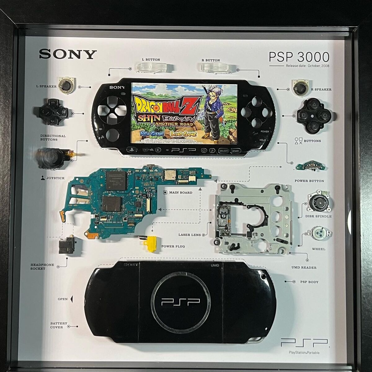 Sony PlayStation Portable 3000 Teardown in shadow box Sony PlayStation Portable 3000 Teardown in shadow box