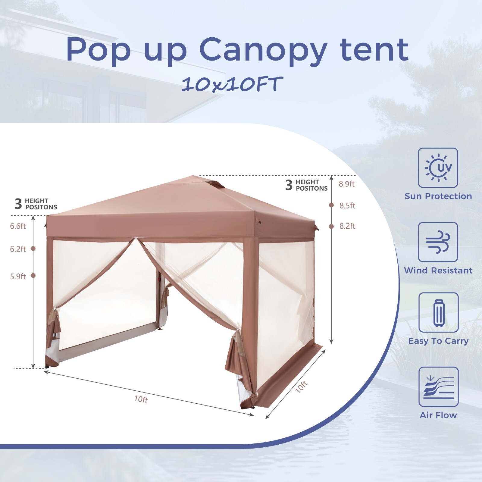 10x10' Easy Pop Up Screen Tent Outdoor Canopy Gazebo with Mosquito Netting & Bag
