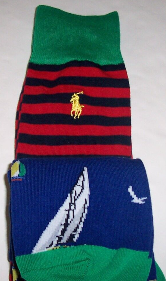 Polo Ralph Lauren 2 PAIA Calze Pantalone Uomo 10 13 Blu BARCA STRIGHE PONY Nuove con etichette