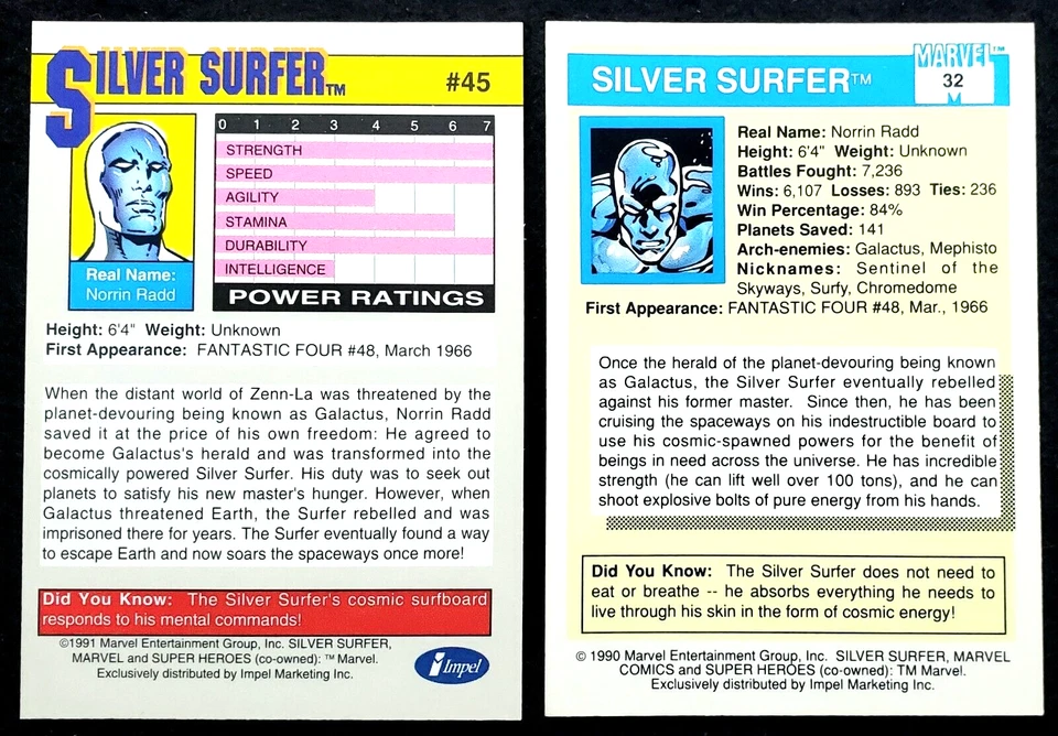 Silver Surfer 1990 / '91 Marvel Comics Universe Card Pair - RAW EX-NM+ 4 GRD - Image 2 of 4