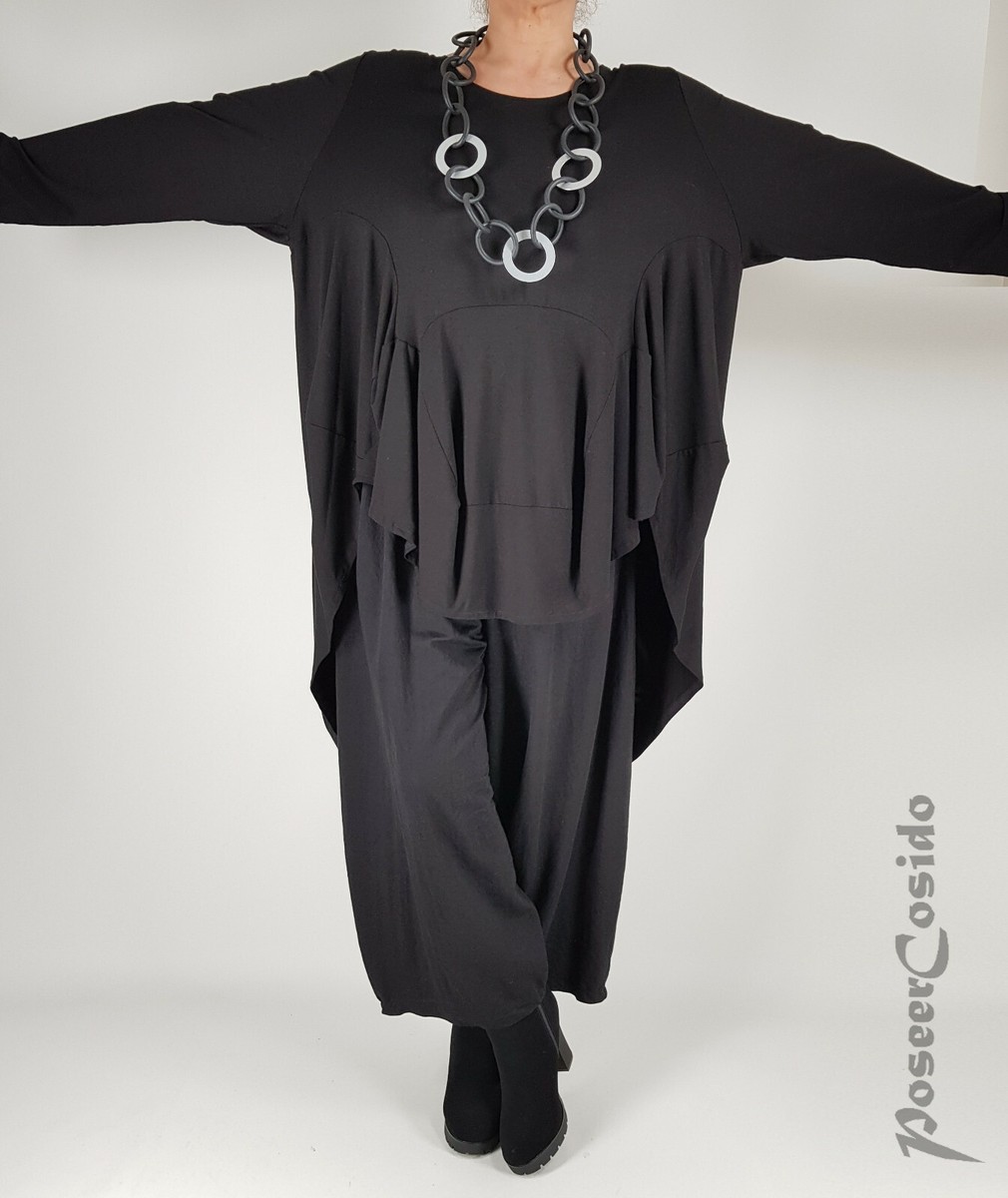 LAGENLOOK Überwurf Shirt Tunika Schwarz L XL XXL XXXL 42 44 46 48 50 52 54 56 58