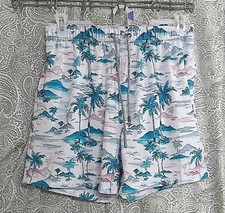 VINTAGE SUMMER Tropical Island Print Stretch Swim Trunks Men's Size L NWT "