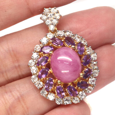 Pink Ruby & Amethyst Anhänger 925 Sterling Silber 18K Gold Halo CZ