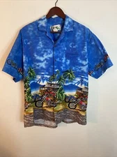YK Aloha Hawaiian Shirt Motorcycle Biker Beach Palm Trees Mens L Colorful