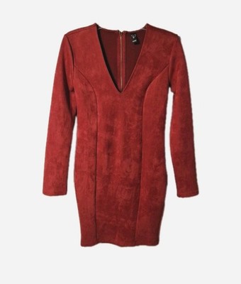 Windsor Dress L Brick Red Faux Suede Soft Mini Sheath Bodycon Long Sleeve V Neck
