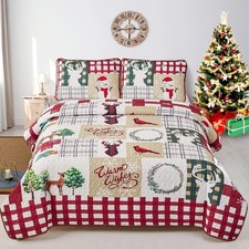 3 Pieces Christmas Quilt King Size, Red Plaid Quilt Bedding Set with 2 Pillow Sh