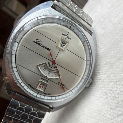 Vintage Lucerne Swiss Made Automatic Mechanical Jump Hour Silver Date Wristwatch