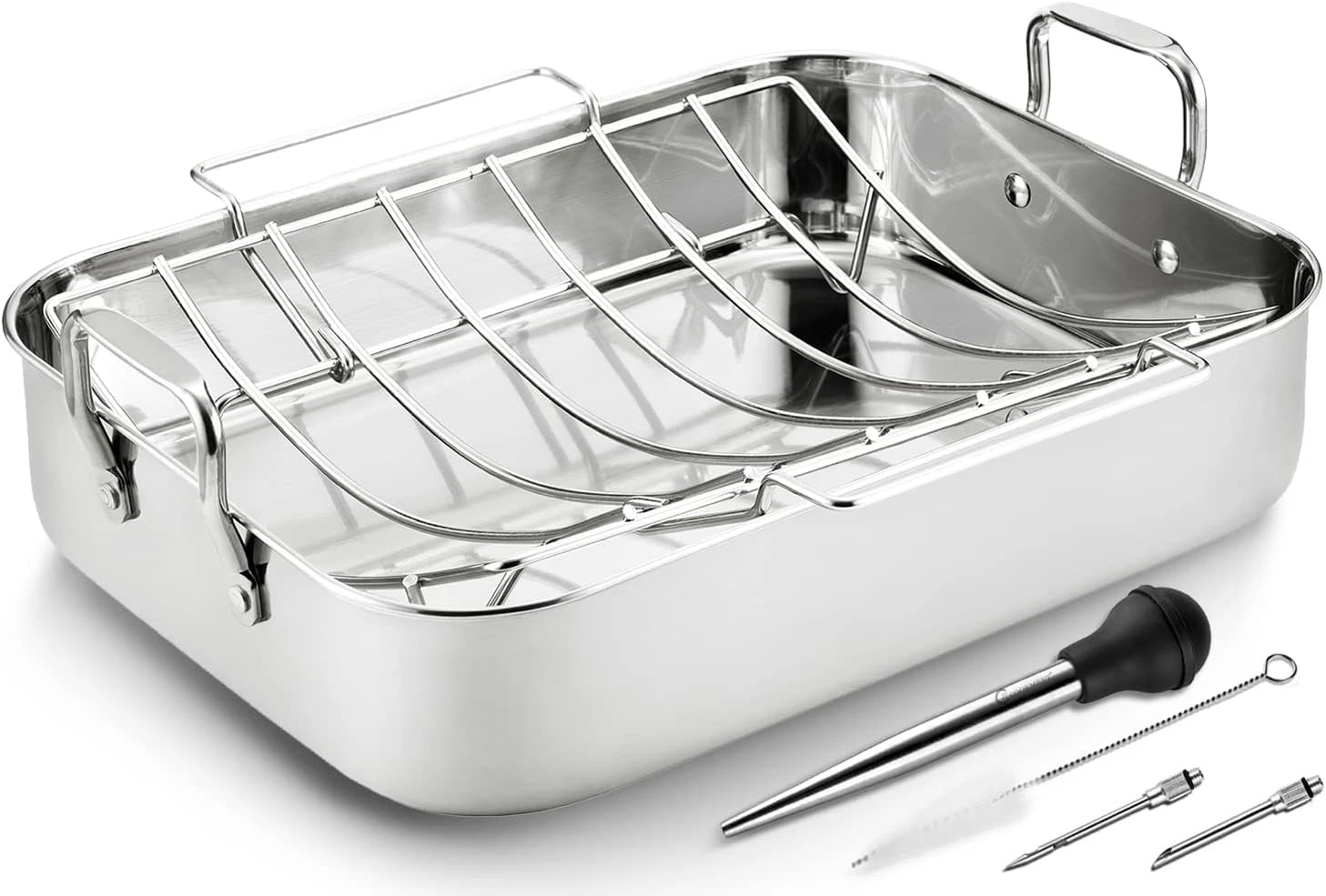 Stainless Steel Roasting Pan with Rack & Baster - Perfect for Turkey & More