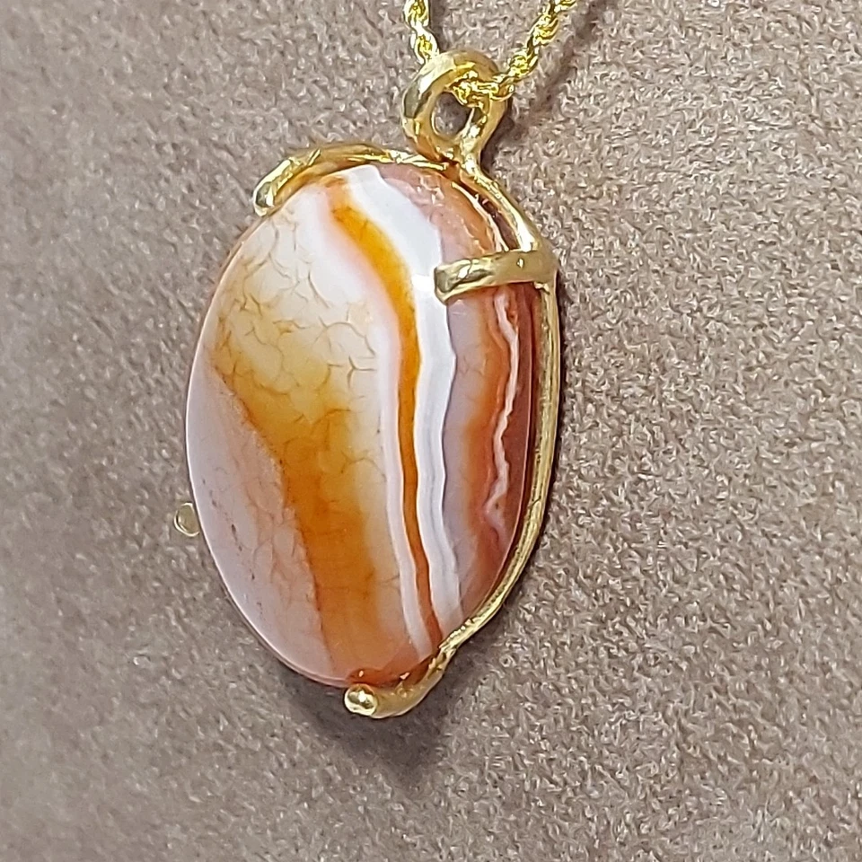 Collana Argento 925 Dorata e Ciondolo Pietra Dura Naturale Agata Marrone Striata - Immagine 2 di 4