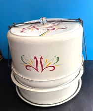 Vtg Hand Painted Floral Motif -White Tin Metal Stacking 3 TIER Pie Cake Carrier