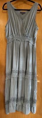 LAUREL GREY, L, Boho Tiered Peasant Dress Sage Green Sleeveless Tiered Lace, EUC